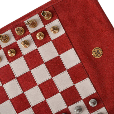Manopoulos - Handcrafted Burgundy Red Suede Roll-Up Chess Set with Metal Chessmen