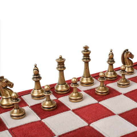 Manopoulos - Handcrafted Burgundy Red Suede Roll-Up Chess Set with Metal Chessmen