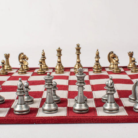 Manopoulos - Handcrafted Burgundy Red Suede Roll-Up Chess Set with Metal Chessmen