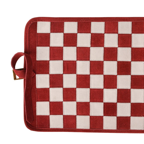 Manopoulos - Handcrafted Burgundy Red Suede Roll-Up Chess Set with Metal Chessmen