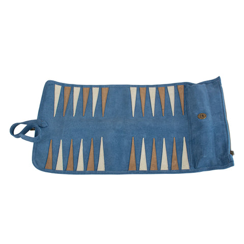 Manopoulos - Handcrafted Denim Blue Suede Roll-Up Backgammon Set