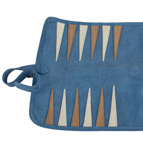 Manopoulos - Handcrafted Denim Blue Suede Roll-Up Backgammon Set