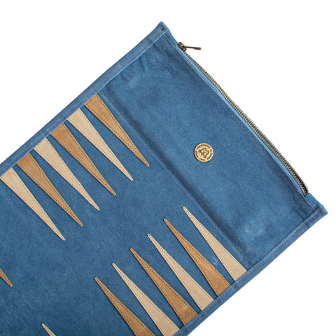 Manopoulos - Handcrafted Denim Blue Suede Roll-Up Backgammon Set