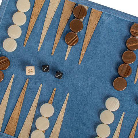 Manopoulos - Handcrafted Denim Blue Suede Roll-Up Backgammon Set
