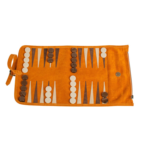 Manopoulos - Handcrafted Cinnamon Brown Suede Roll-Up Backgammon Set