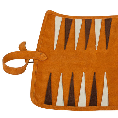 Manopoulos - Handcrafted Cinnamon Brown Suede Roll-Up Backgammon Set