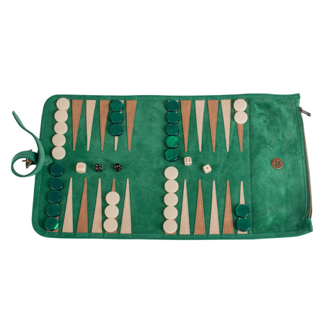 Manopoulos - Handcrafted Forest Green Suede Roll-Up Backgammon Set