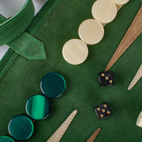 Manopoulos - Handcrafted Forest Green Suede Roll-Up Backgammon Set