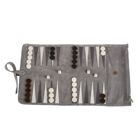 Manopoulos - Handcrafted Grey Suede Roll-Up Backgammon Set