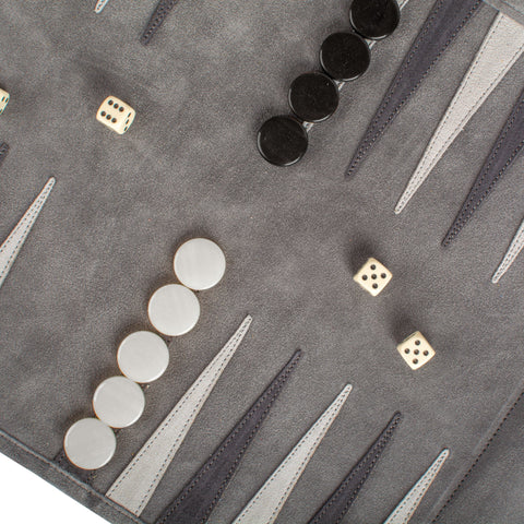 Manopoulos - Handcrafted Grey Suede Roll-Up Backgammon Set