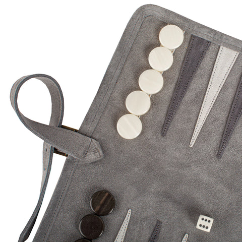 Manopoulos - Handcrafted Grey Suede Roll-Up Backgammon Set