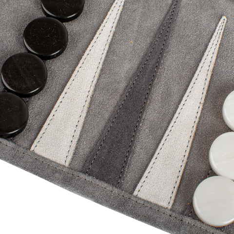 Manopoulos - Handcrafted Grey Suede Roll-Up Backgammon Set