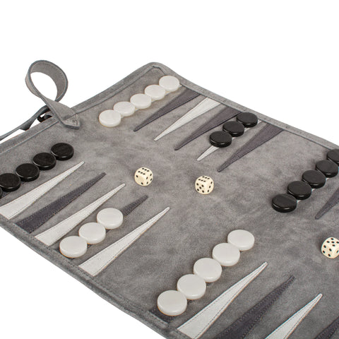 Manopoulos - Handcrafted Grey Suede Roll-Up Backgammon Set