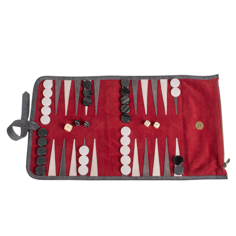 Manopoulos - Handcrafted Burgundy Red Suede Roll-Up Backgammon Set