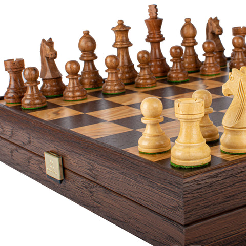 Manopoulos - Olive Burl Chess Set - 35x35cm with Staunton Chessmen (7.6cm King)