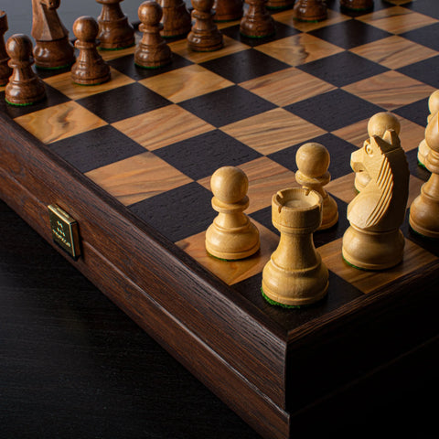 Manopoulos - Olive Burl Chess Set - 35x35cm with Staunton Chessmen (7.6cm King)