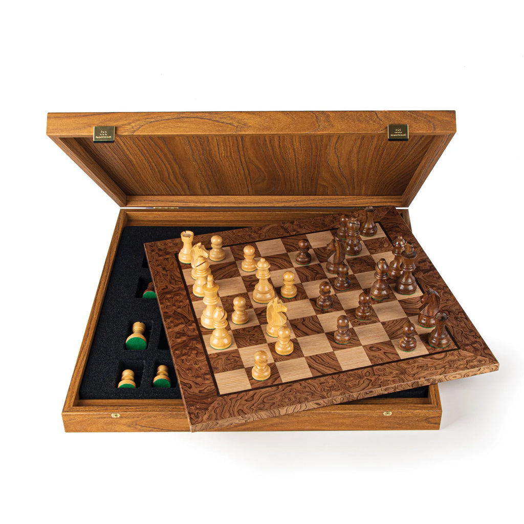 Manopoulos - Walnut Burl Chess Set - 40x40cm with Staunton Chessmen (7.7cm King)