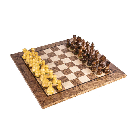 Manopoulos - Walnut Burl Chess Set - 40x40cm with Staunton Chessmen (7.7cm King)
