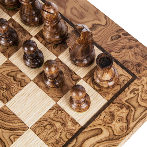 Manopoulos - Walnut Burl Chess Set - 40x40cm with Staunton Chessmen (7.7cm King)