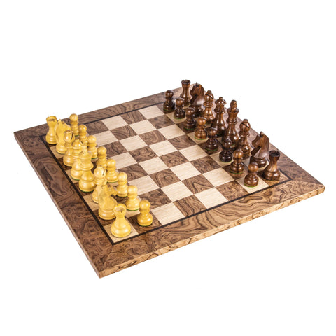 Manopoulos - Walnut Burl Chess Set - 50x50cm with Staunton Chessmen (8.5cm King)
