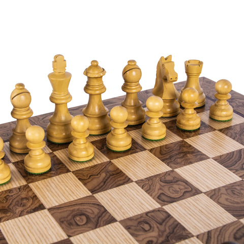 Manopoulos - Walnut Burl Chess Set - 50x50cm with Staunton Chessmen (8.5cm King)