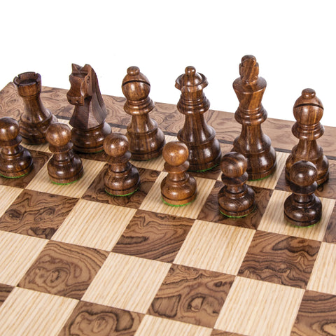 Manopoulos - Walnut Burl Chess Set - 50x50cm with Staunton Chessmen (8.5cm King)