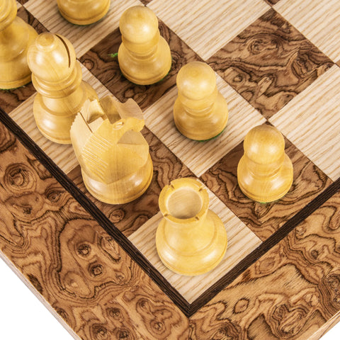 Manopoulos - Walnut Burl Chess Set - 50x50cm with Staunton Chessmen (8.5cm King)