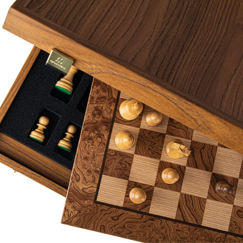 Manopoulos - Walnut Burl Chess Set - 50x50cm with Staunton Chessmen (8.5cm King)