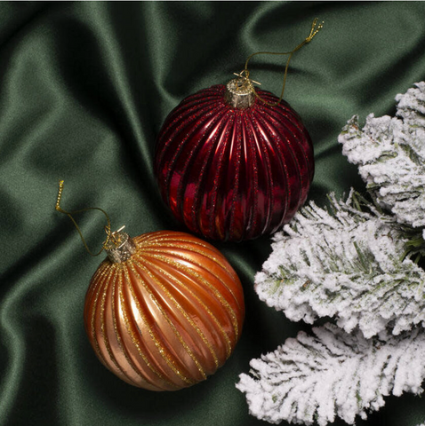 Christmas Tree Hanging Ornament Bauble Glass Burgundy Ribbed - 9cm