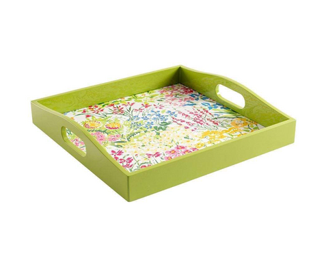 Caspari Meadow Flowers White Lacquer Square Tray