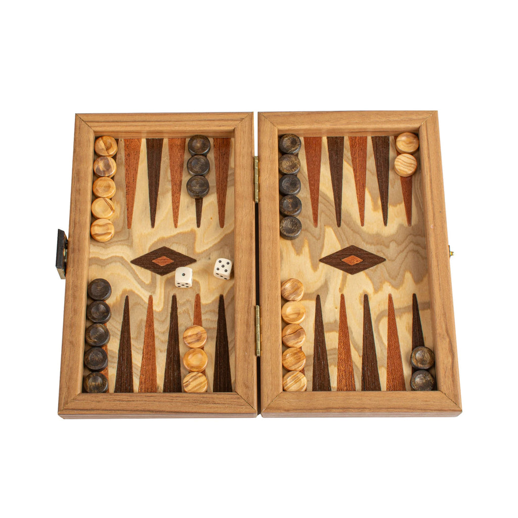 Manopoulos - Handcrafted Olive Burl Backgammon Set with Olive Wood Checkers 20x12cm
