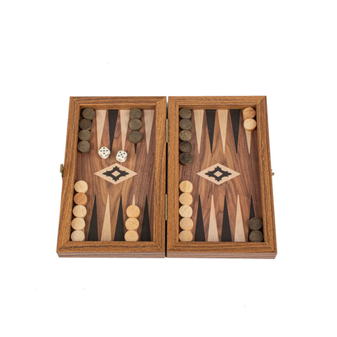 Manopoulos - Handcrafted Walnut Replica Wood Backgammon Set with Black & Oak Points with Side Racks 20x12cm