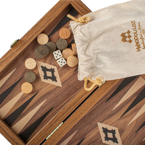 Manopoulos - Handcrafted Walnut Replica Wood Backgammon Set with Black & Oak Points with Side Racks 20x12cm