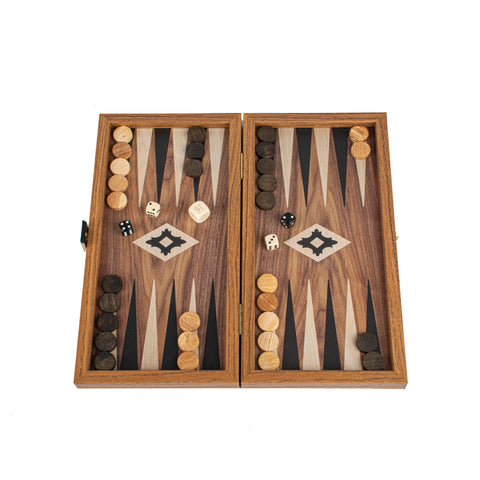 Manopoulos - Handcrafted Walnut Replica Wood Backgammon Set with Black & Oak Points with Side Racks 20x12cm