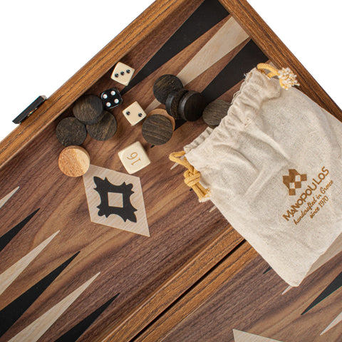 Manopoulos - Handcrafted Walnut Replica Wood Backgammon Set with Black & Oak Points with Side Racks 20x12cm