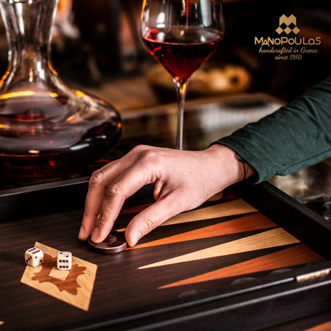 Manopoulos - Handcrafted Wenge Replica Wood Backgammon Set with Walnut & Oak Points with Side Racks 20x12cm