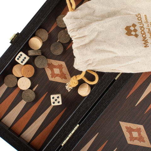 Manopoulos - Handcrafted Wenge Replica Wood Backgammon Set with Walnut & Oak Points with Side Racks 20x12cm