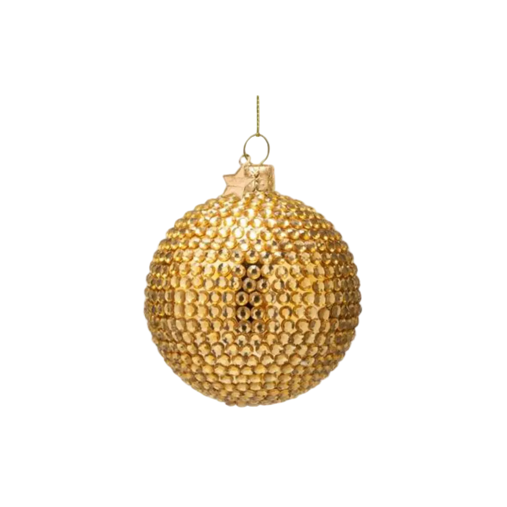 Christmas Tree Hanging Ornament Bauble Glass Shiny Gold Allover Diamond - 9cm
