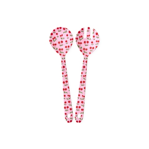 Rice Melamine Salad Spoon and Fork - Pink Cherries Print